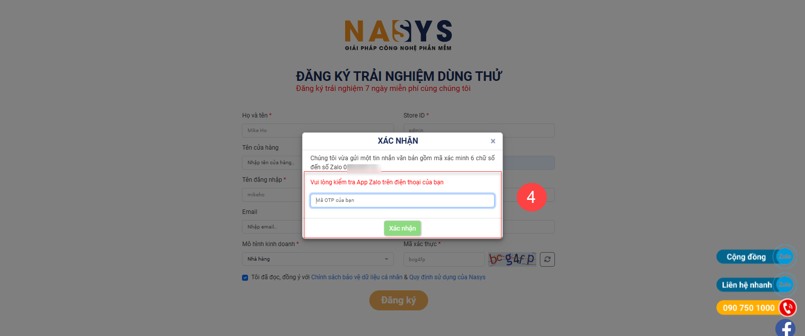 Hình minh họa thực hiện thao tác nhập mã xác thực zalo