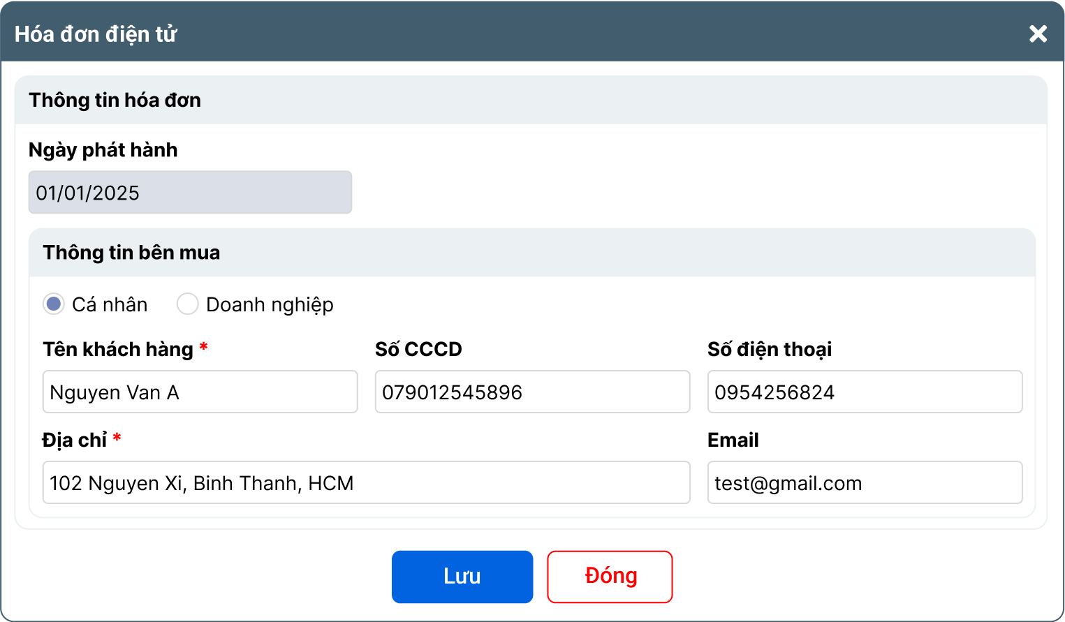 Hình minh họa form thông tin của Hóa đơn điện tử