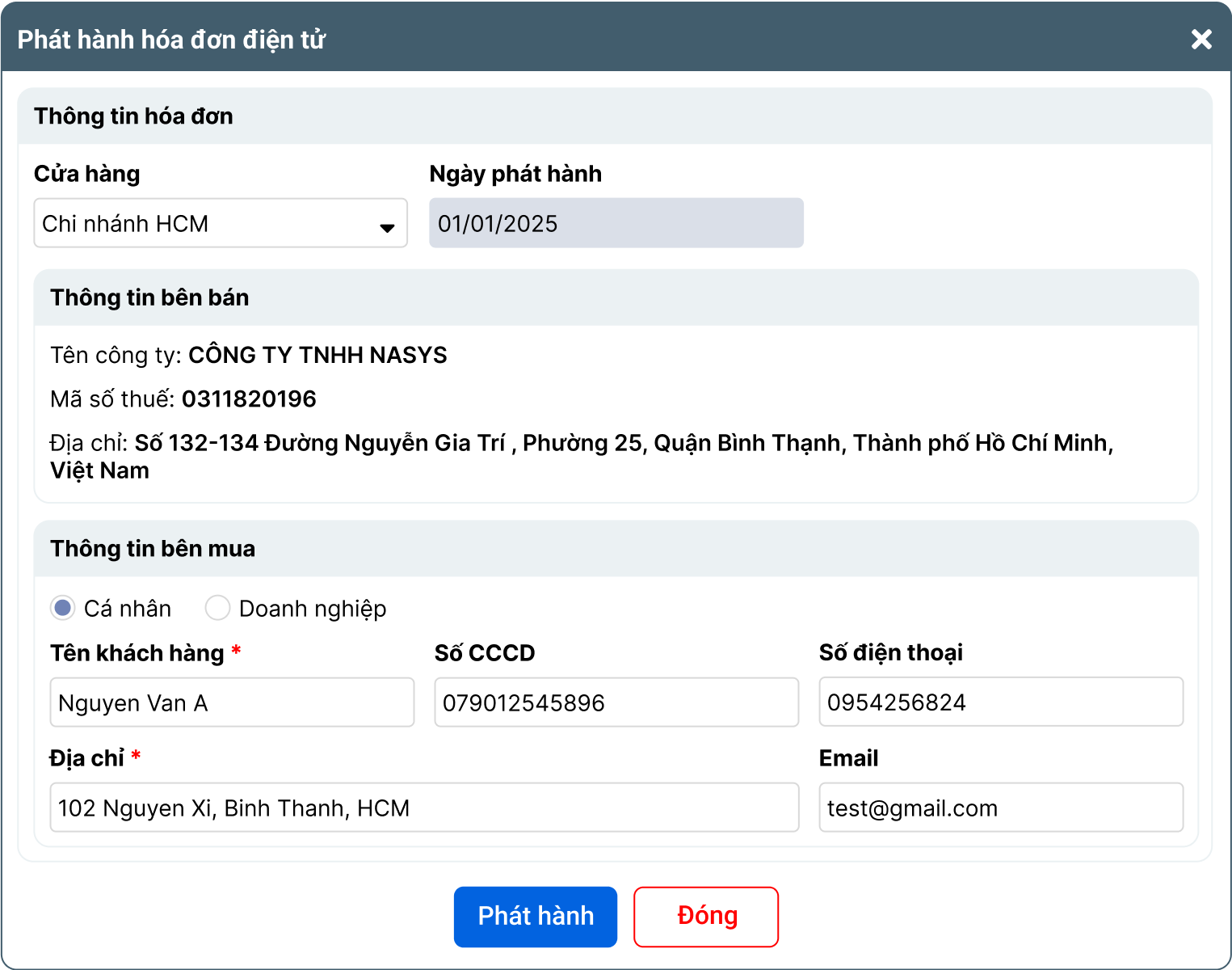 Hình minh họa form thông tin phát hành hóa đơn điện tử